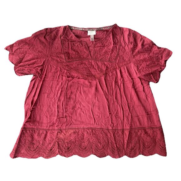 Knox Rose Womens Top Size XXL Plus Solid Red Eyelet Lace Short Sleeve Bohemian - Picture 1 of 9